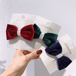 New Sweet Girl Temperament Simple Imitation Pearl Velvet Bow Duckbill Clip Fashion Children's Hairpins Hair Accessories