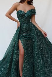 Green One Shoulder Mermaid Evening Dresses Cap Sleeves High Side Split Detachable Train Tulle Formal Prom Gowns