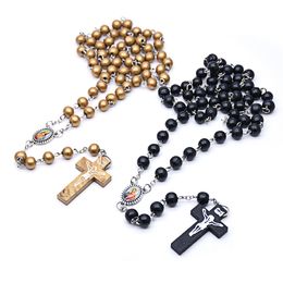 Religious Catholic Jewellery Long Wood Rosary Necklace Cross Pendant Necklace For Men Women Gold Black