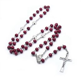 Catholic Jewelry Red Wood Holy Family Cross Rosary Necklace For Women Men Religious Prayer Jewelry
