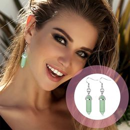 Natural Stone Charms Drop Earrings Bullet Hexagonal Lapis Amethyst Rose Quartz Crystal Earring Chakra Pendulum Jewelry