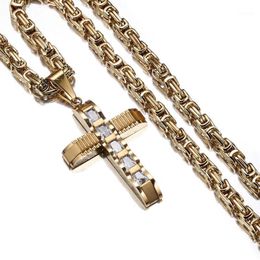 Rock Men's 316L Stainless Steel Rhinestone Cross Pendant Necklace Jewellery Gift Byzantine Box Chain 20-40inch1