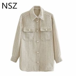 NSZ women houndstooth tweed jacket Woollen oversized plaid shirt coat pearl button blouse jacket checked outwear streetwear Fall 201106