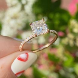 Ins Top Sell Luxury Jewellery Real 925 Sterling Silver Cushion Shape White Topaz CZ Diamond Gemstones Eternity Women Wedding Bridal Ring Gift