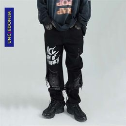 UNCLEDONJM Men's Casual Graffiti Black Jeans Men Slim Fit Ripped Distressed Jeans Denim Pants Vintage Long Trousers ED-AC18 201116