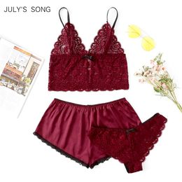 JULY'S SONG Sexy Satin Woman Pyjama Sling Lingerie Lace Nightwear Set Strap Shorts Casual Sleepwear Plus Size Y200708