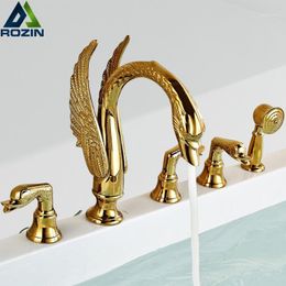 Golden Swan Bathtub Faucet Deck Mounted Bath Shower Set Brass Hand Shower Basin Mixer Tap Widespread Tub Sink Faucet1