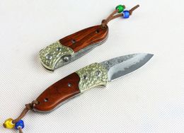 Top Quality Damascus Pocket Folding Knife VG10 Damascus Steel Blade Red Ebony + Brass Handle Gift Knives With Nylon Bag