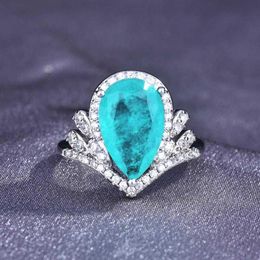 Wedding Rings 2022 Luxury Crown Ring Inlay Water Drop Fashion Paraiba Tourmaline Fine Silver Jewelry For Women Cocktail Party Gift