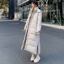 fashion x-long stand collar hooded winter down jacket women solid full sleeve button slit zipper ladies down coat parka female 201019