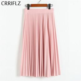 CRRIFLZ Spring Autumn Fashion Women's High Waist Pleated Solid Color Half Length Elastic Skirt Promotions Lady Black Pink LJ200820