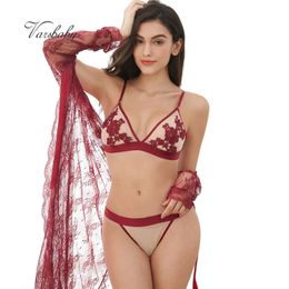 Varsbaby sexy embroidery wire free thin cup bra set robe+bras+panties+thongs 4pcs S-XL for women Y200708
