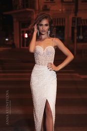 Beads Evening Dresses Spaghetti Split Prom Gown Satin and Tulle High Quality Custom Made Backless Party Skirts