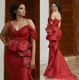 Red Evening Dark Dresses Mermaid 2021 Straps Off The Shoulder Embroidery Sequins Satin Peplum Ruffles Sweep Train Custom Made Prom Gown