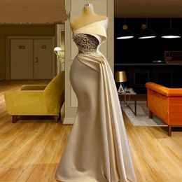 Asymmetric neck Arabic Champagne Mermaid Evening Dresses Ruched Beaded lace bodice Longue Robes Formal Dress 2021 NEW vestiti da sera