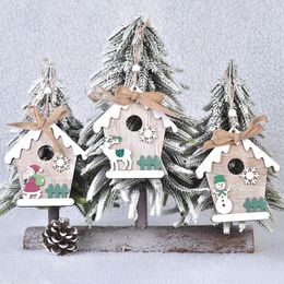 Christmas Tree Ornament Wooden House Bow Pendants Creative Xams Tree Hanging Scene Christmas Tree Pendants Christmas Decorations LSK1472