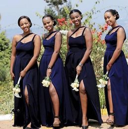 Navy Blue African Plus Size A Line Bridesmaid Dresses One Shoulder High Side Split Wedding Guest Dress Maid of Honour Gowns Vestidos V20