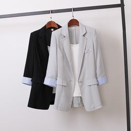 New Spring Summer Korean Cotton Linen Blazers Women Slim Patchwork Striped Large Size Blazer Work Wear Single Button Coat LJ200911