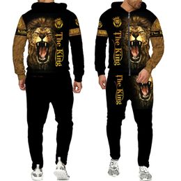 Personality Animal Cool Lion 3D All Over Print Tracksuits Men Fashion Zipper Hoodie Pants 2 Pcs Set Sport Suits 220225