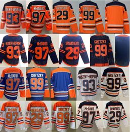 -Hombres Hockey sobre hielo 97 Connor McDavid Jersey 99 Wayne Gretzky 29 Leon Draisaitl 93 Ryan Nugent-Hopkins Stitch en blanco Buen equipo Azul Blanco Naranja Deporte Uniforme Retro Retro