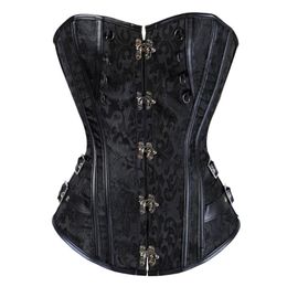 Corsés y Bustiers Mujeres Sexy Steampunk Jacquard Pirate Faux Cuero Corselete Sexy Studded Overbust Carnival Party Clubwear