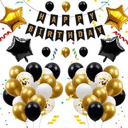Black Gold Stars Aluminium Film Pearlescent Balloons Birthday Banner Combo Set Party Decoration 39 Piece Set