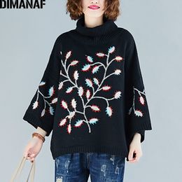DIMANAF Plus Size Women Sweater Pullovers Knitting Turtleneck Fashion Embroidery Flowers Loose Casual Female Lady Tops Clothes 201030