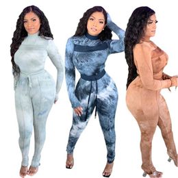 Womens Tie-dye Colours 2Pcs Sets Fashion Trend Long Sleeve Round Neck Sweatshirt Pants Suits Designer Female Spring Skinny Casual Tracksuits