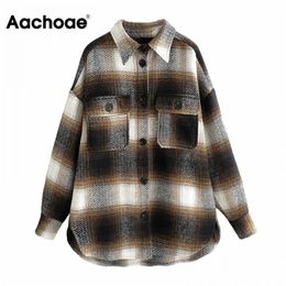 Aachoae Women Streetwear Plaid Jacket Batwing Long Sleeve Loose Coat Office Casual Pocket Tops Lady Outerwear Autumn Winter 201109