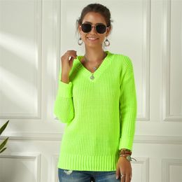 Neon Sweater Women Knitting Green Fuchsia Pink Solid V-Neck Pullovers Long Casual Loose Acrylic Knit Shirts Female Jumper Tops 201224