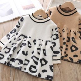 Mädchen Baby Kristall Nerz Fleece Kleid Herbst Winterjährige Kostüme Kinder Leopard Print Nette Pullover Kleider Für Mädchen 211224