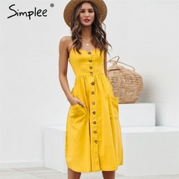 Simplee Elegant button women dress Pocket polka dots yellow cotton midi dress Summer casual female plus size lady beach vestidos LJ200808