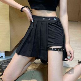 Sexy Gothic Women Mini Skirt High Waist Pleated Punk Grunge Black Summer Shorts Chic Irregular Rivet Streetwear Y220311