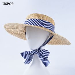 USPOP women Sun hat female natural wheat straw summer hats wide brim beach hat wide striped ribbon lace-up straw hats Y200602