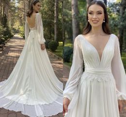 New Wedding Dresses Beach A-line Bridal Gowns Long Sleeve Backless Lace Chiffon Boho 2022 Vestidos De Noiva Mairage