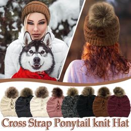 Women Solid Stitching With Ball Plush Hats Crochet Knit Cross Beanie Cap Chunky Pom Pom Winter Warm Hat sombrero mujer