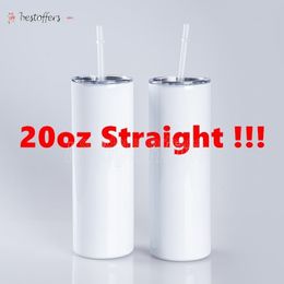 USA Stock Straight 20oz Blank Sublimation Edelstahl Tumbler personalisierte gerade Tasse mit Strohhalmen Thermos Wasserflaschen Tassen