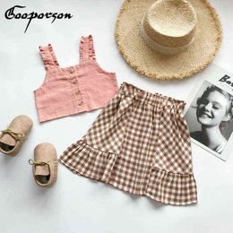 Fashion Kids Girls Clothes Set Girls Outfit Crop Tops & Plaid Skirt Clothing Suit Children Stylish Wear Clothing Baby Clothes G220310