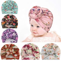 New Fashion Baby Floral Printed Caps Soft Cotton Indian Ears Cover Hats Child Girls Turban Knot Ball Head Wraps Infant Kids Beanie