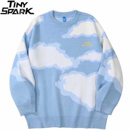 Men Hip Hop Streetwear Knitted Sweater Harajuku Cloud Embroidery Letter Pullover Autumn Cotton Casual Sweater Blue Black 211221