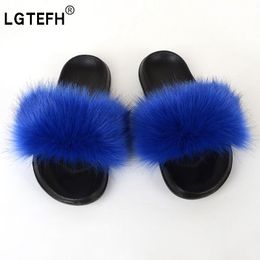 Hot sale ladies fake fox fur fluffy slippers hairy fox hair sandals woman non-slip plush slippers casual beach wear shoes X1020