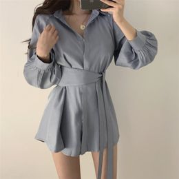 Women Casual Long Shirts Shorts Two Piece Sets Lantern Sleeve Belt Blouse + Mini Pant Suits 2020 Summer Fashion OL Clothing Set T200701