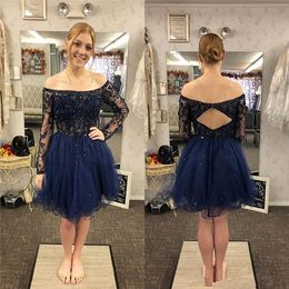 Off Shoulder A line Tulle Homecoming Dresses With Lace Cocktail Party Dresses Long Sleeves And Beads Formal Prom Dresses L140