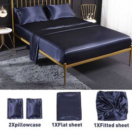 4Pcs/Set Romantic Soft Silk Satin Bedding Set Home Textile Bed Set Flat Sheet Fitted Sheet Pillowcase Twin/Full/Queen/King Size Y200417