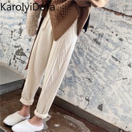 Thicken Women Harem Pants Casual Drawstring Twisted Knitted Pants Femme Chic Warm Female Sweater Trousers Winter LJ201029