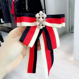 Pins, Brooches Sweet Stripe Ribbon Bow Brooch Rhinestone Pearl Bows Clothes Accessories For Women Girls Collar Tie Elegant Shirt Pin