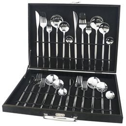 24pcs Cutlery Set 304 Stainless Steel Silver Dinnerware Set Knife Dessert Fork Spoon Silverware Kitchen Tableware Set Black Box Y200610