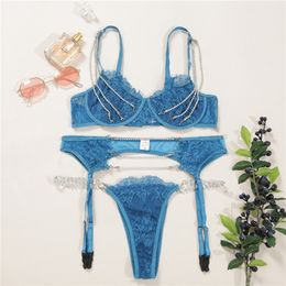 Women Underwear Three-piece Sexy Lace Ultra-thin Push Up Bra Set with Crystal Chain Bras+G-string+Garter Belt Lingerie Pants Set LJ201211