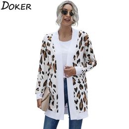 Autumn Winter Leopard Thin Knitted Cardigan Coat Women Long Sleeve Plus Size Fashion Vintage Cardigans Female Long Cardigan 201031