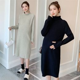 8881# Autumn Winter Knitted Maternity Long Sweaters Dress Straight Elegant Pullovers Clothes for Pregnant Women Pregnancy LJ201120